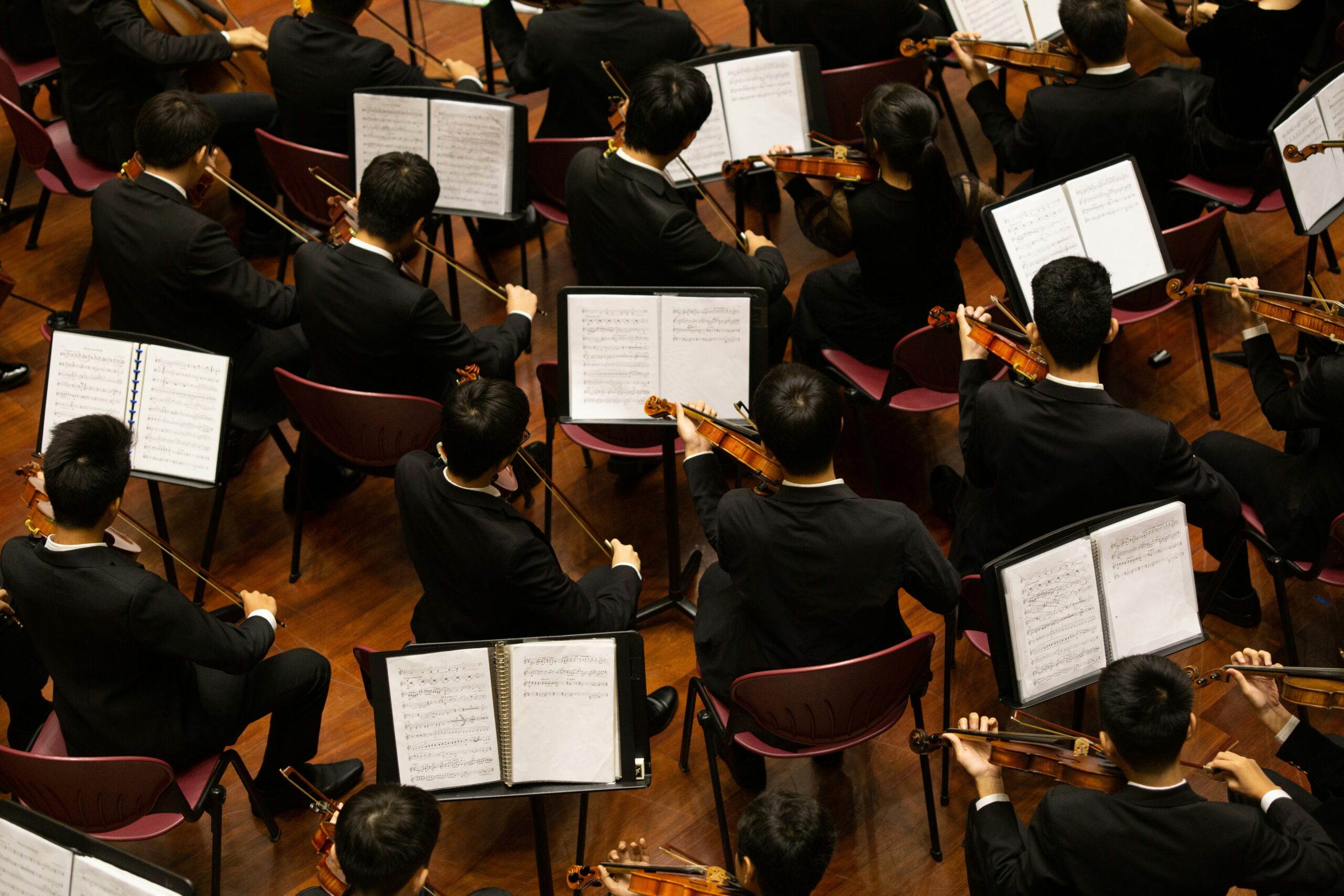 Orchestra string section from above